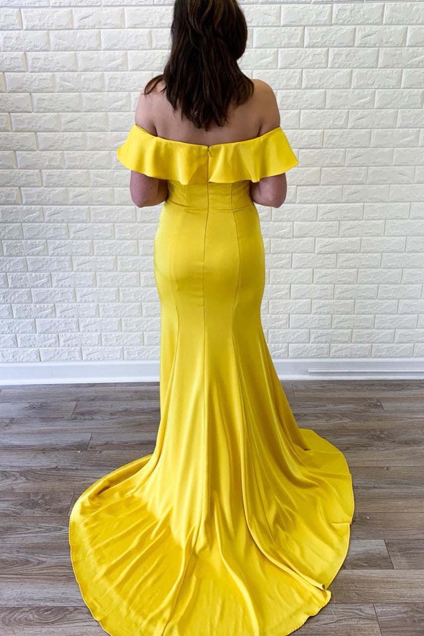 Plus Size Off Shoulder Mermaid Long Yellow Prom Dress-27dress