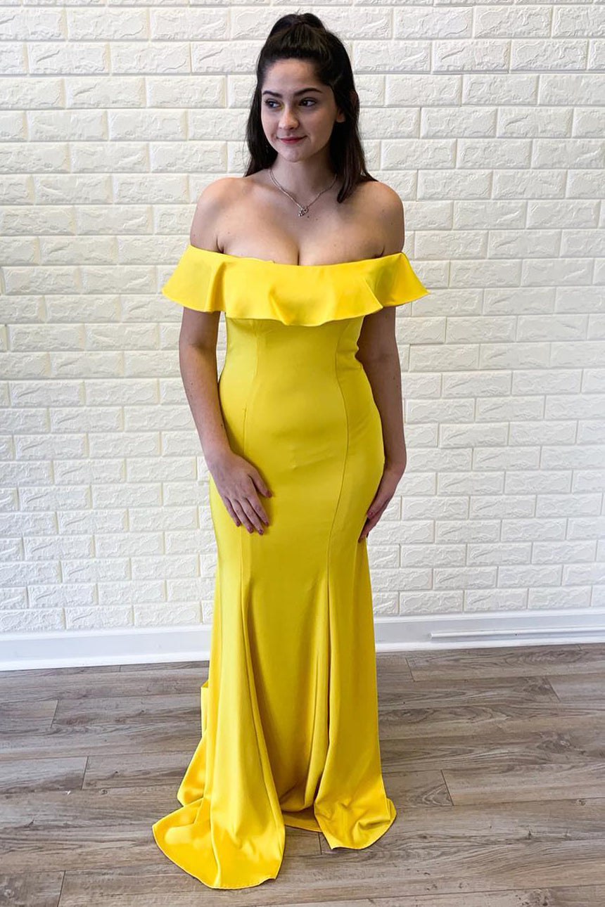 Plus Size Off Shoulder Mermaid Long Yellow Prom Dress-27dress