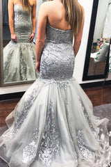 Plus Size Sweetheart Mermaid Silver Long Prom Dress with Appliques-27dress