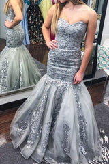 Plus Size Sweetheart Mermaid Silver Long Prom Dress with Appliques-27dress