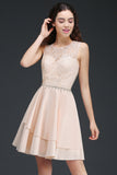 Pretty Lace Backless Short Pink Bridesmaid Dresses with Beadings-27dress
