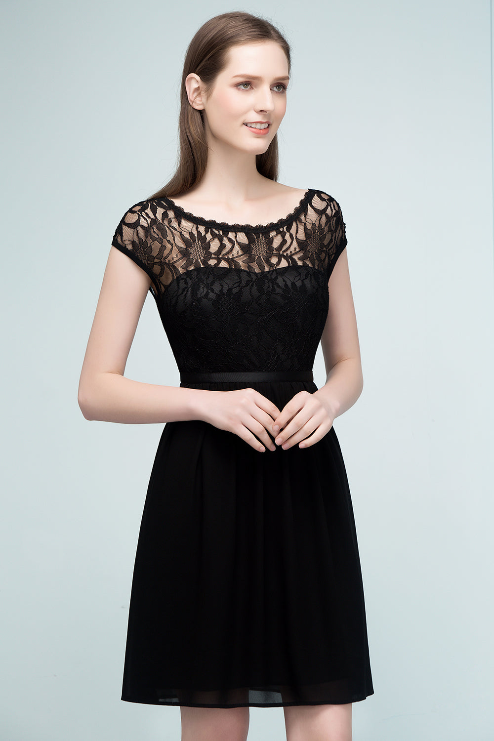 Pretty Scoop Sleeveless Black Lace Short Junior Bridesmaid Dress-27dress