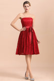 Pretty Strapless Red Lace Bridesmaid Dresses Sleeveless Short Wedding Party Dress with Sash-27dress