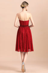 Pretty Strapless Red Lace Bridesmaid Dresses Sleeveless Short Wedding Party Dress with Sash-27dress