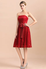 Pretty Strapless Red Lace Bridesmaid Dresses Sleeveless Short Wedding Party Dress with Sash-27dress