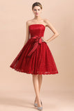 Pretty Strapless Red Lace Bridesmaid Dresses Sleeveless Short Wedding Party Dress with Sash-27dress