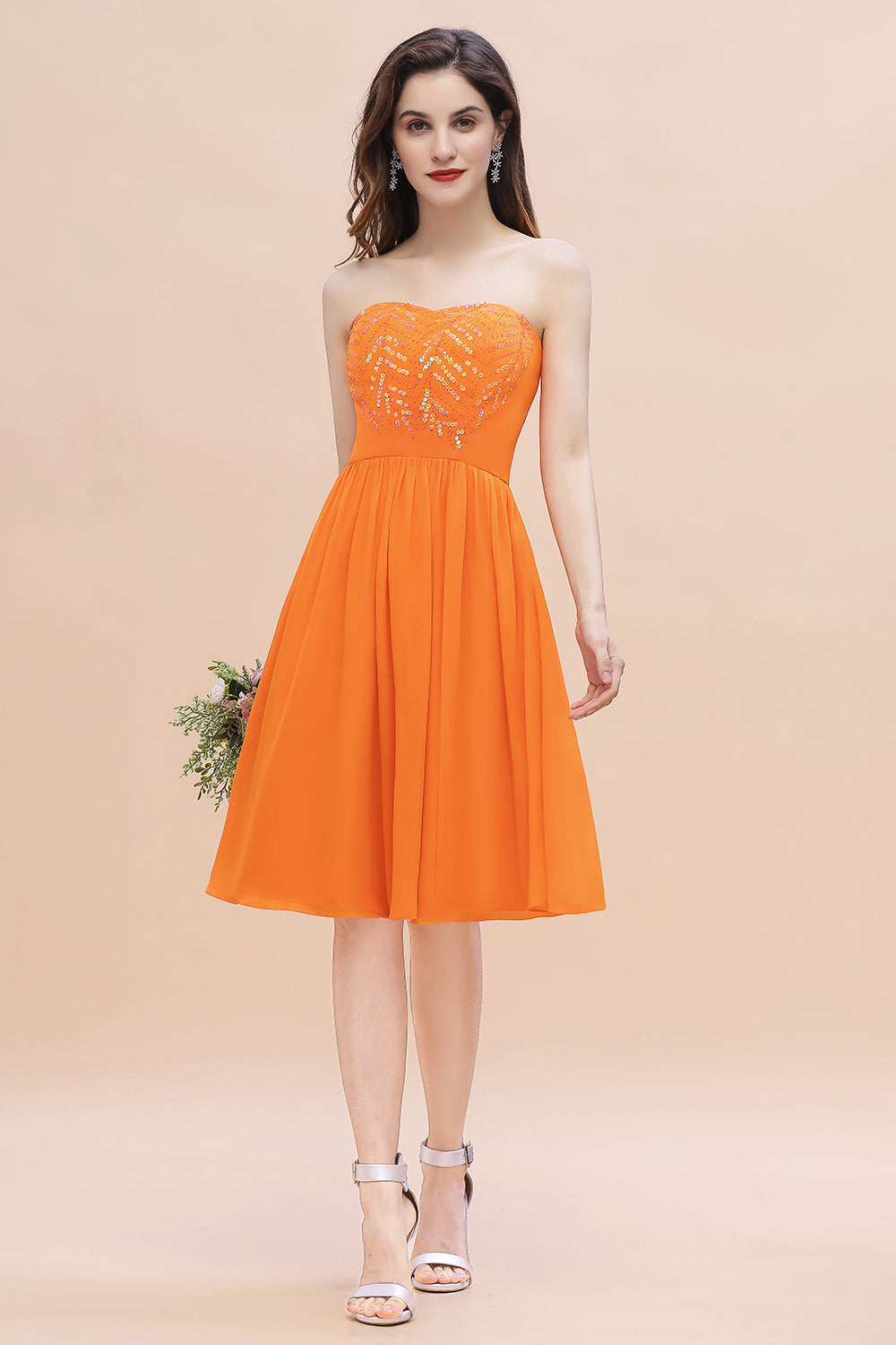 Pretty Strapless Sweetheart Chiffon Sequins Short Bridesmaid Dress with Ruffles-27dress