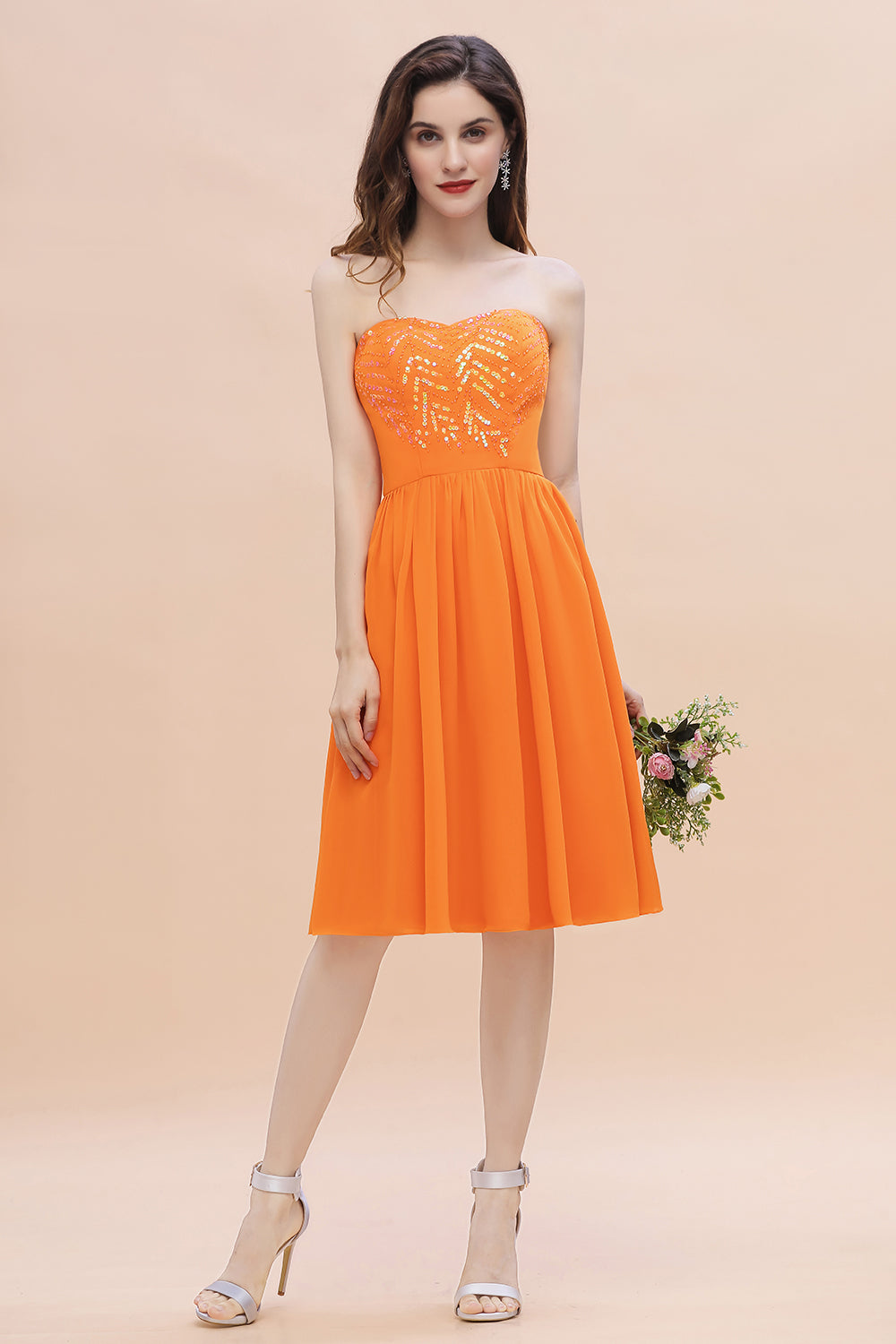 Pretty Strapless Sweetheart Chiffon Sequins Short Bridesmaid Dress with Ruffles-27dress