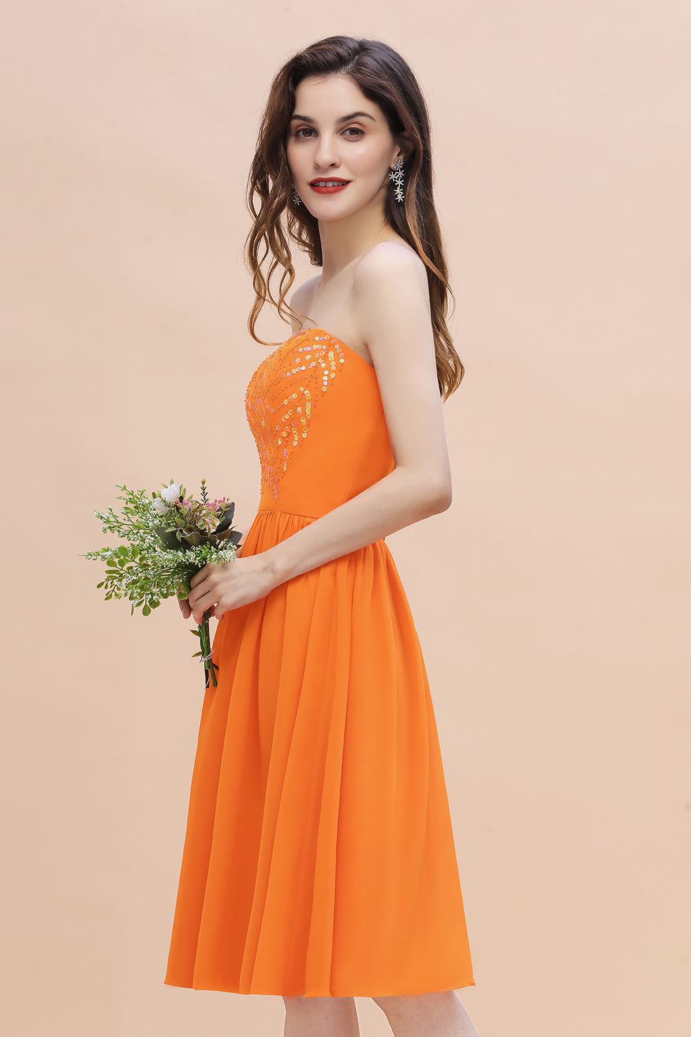 Pretty Strapless Sweetheart Chiffon Sequins Short Bridesmaid Dress with Ruffles-27dress