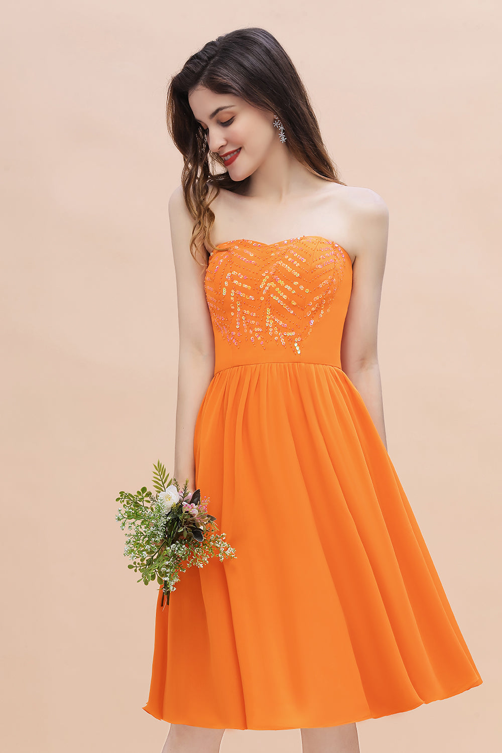 Pretty Strapless Sweetheart Chiffon Sequins Short Bridesmaid Dress with Ruffles-27dress