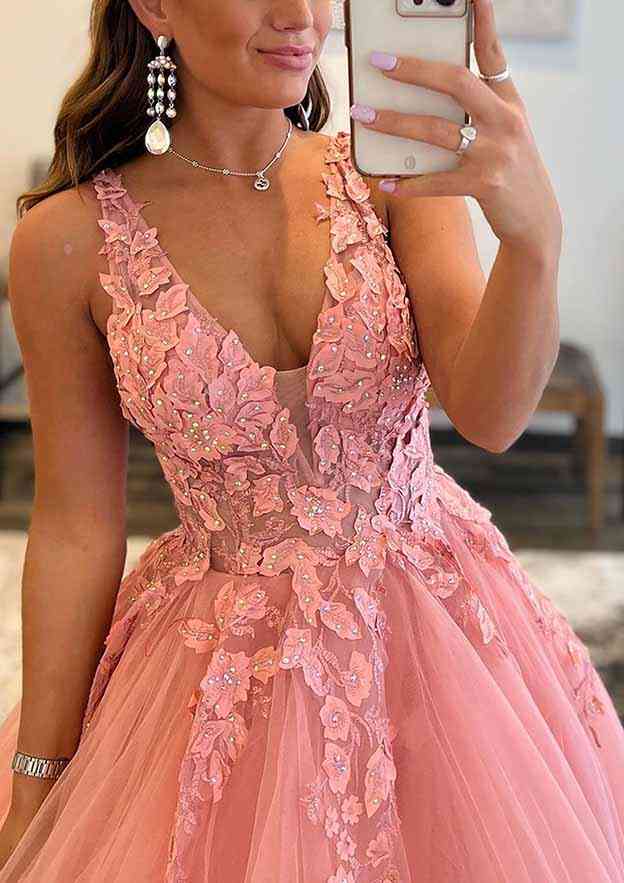 Princess A-line V Neck Sleeveless Prom Dress with Beaded Appliques-27dress