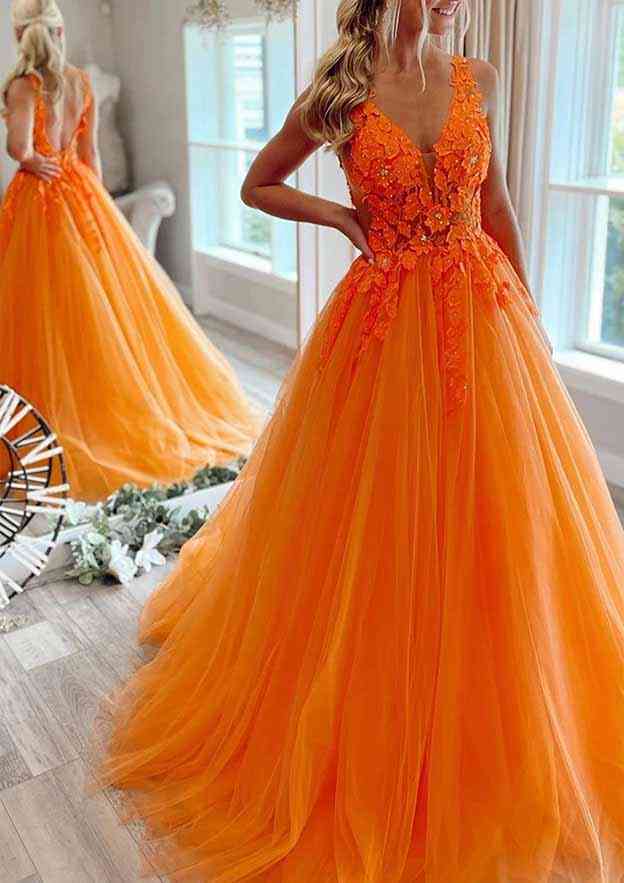 Princess A-line V Neck Sleeveless Prom Dress with Beaded Appliques-27dress