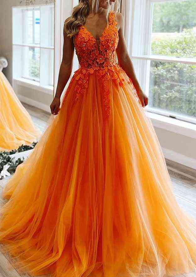 Princess A-line V Neck Sleeveless Prom Dress with Beaded Appliques-27dress