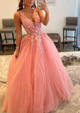 Princess A-line V Neck Sleeveless Prom Dress with Beaded Appliques-27dress