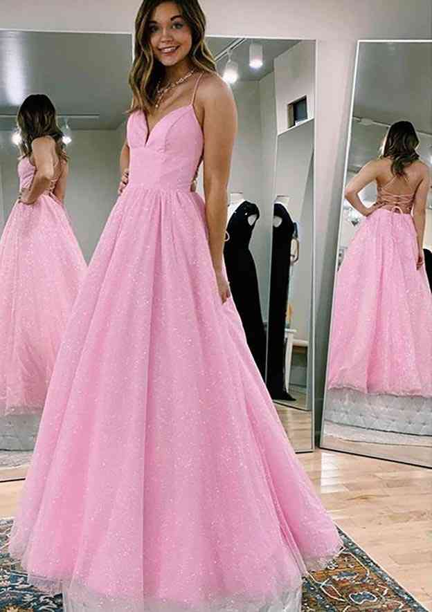 Princess A-Line V-Neck Spaghetti Strap Tulle Glitter Prom Dress-27dress