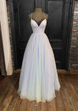 Princess A-Line V-Neck Spaghetti Strap Tulle Glitter Prom Dress-27dress