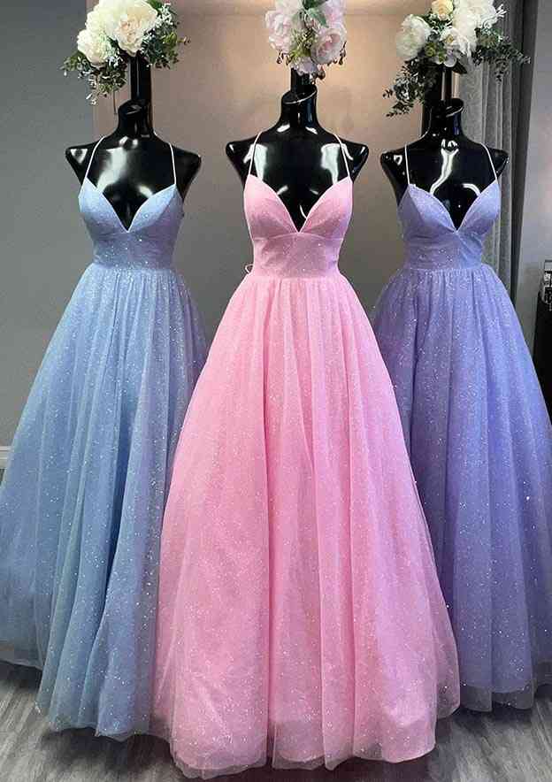 Princess A-Line V-Neck Spaghetti Strap Tulle Glitter Prom Dress-27dress