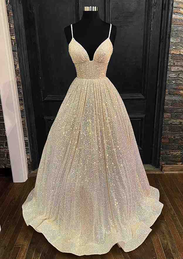 Princess A-line V Neck Spaghetti Straps Long/Floor-Length Sequined Prom Dress With Pleated-27dress