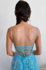 Princess Blue Straps A-Line Long Prom Gown