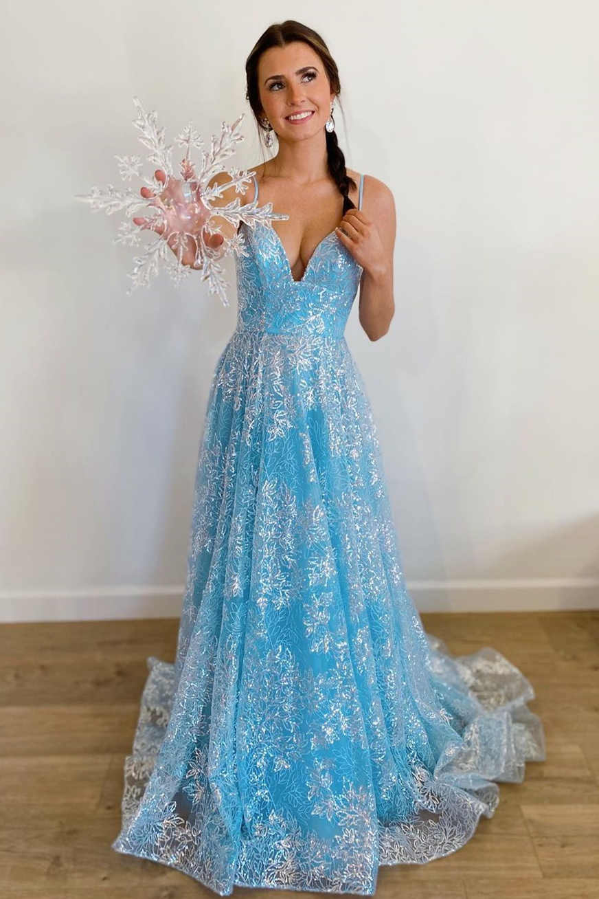 Princess Blue Straps A-Line Long Prom Gown