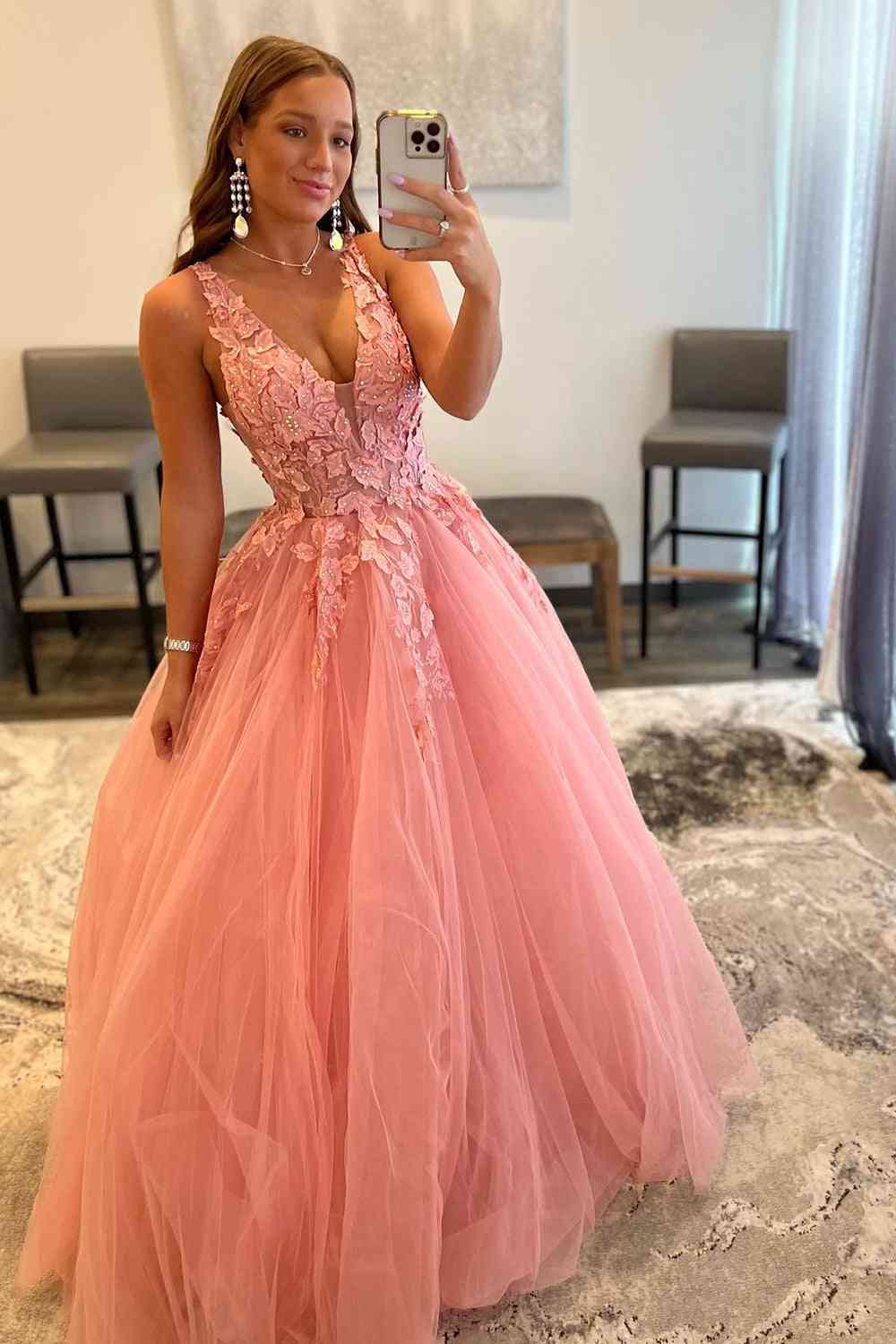 Princess Coral Pink V-Neck A-Line Long Prom Dress with Appliques