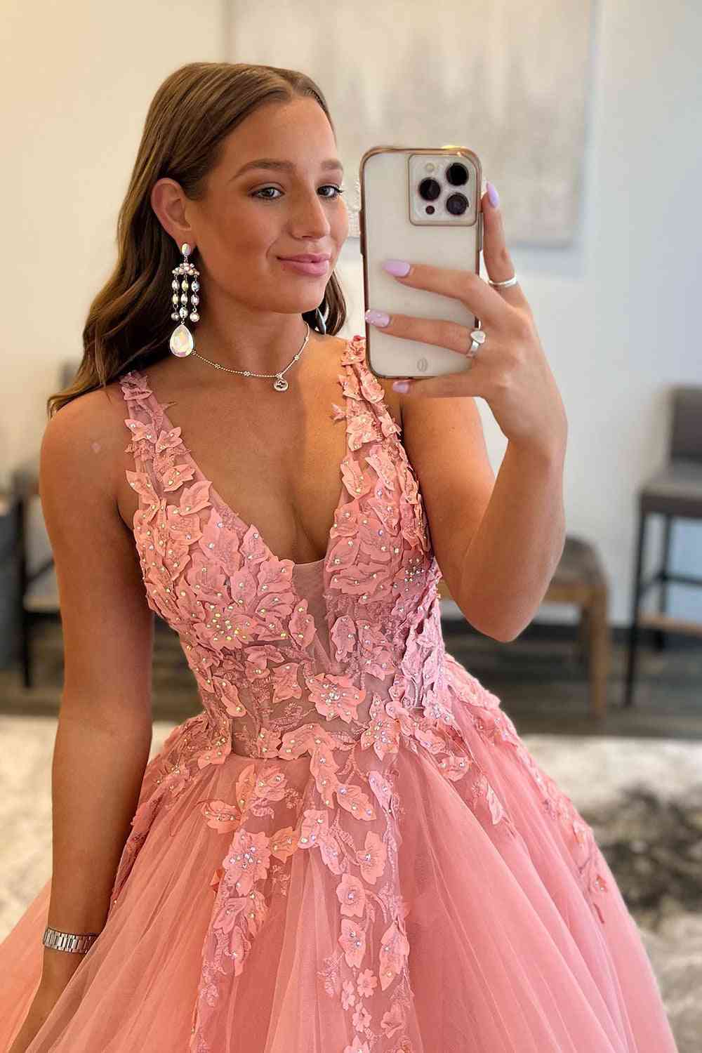 Princess Coral Pink V-Neck A-Line Long Prom Dress with Appliques