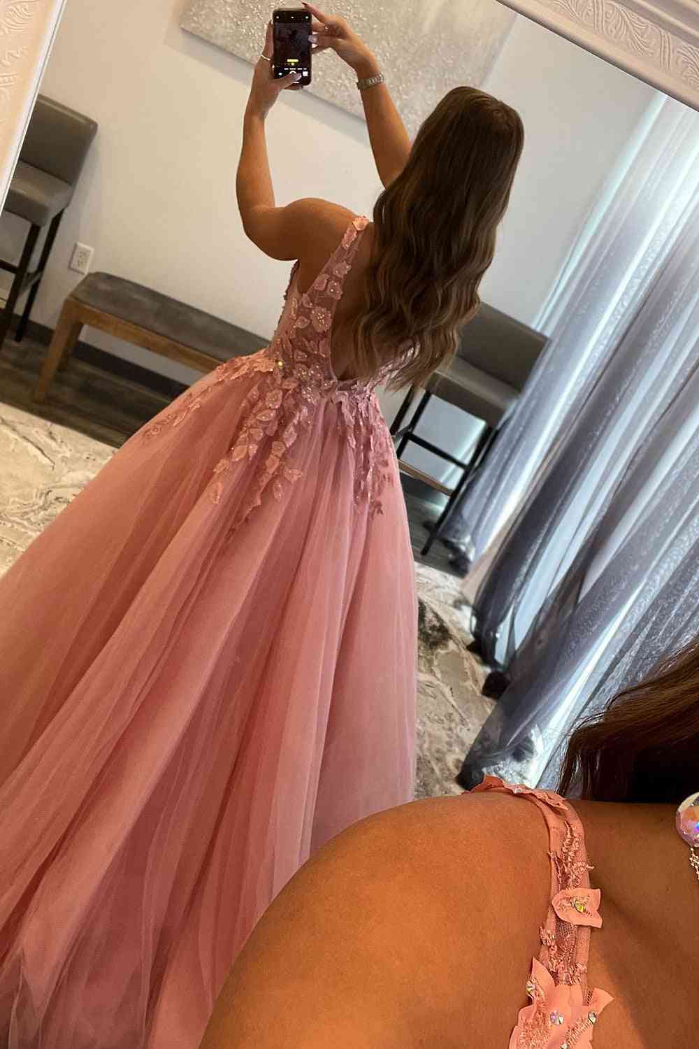 Princess Coral Pink V-Neck A-Line Long Prom Dress with Appliques