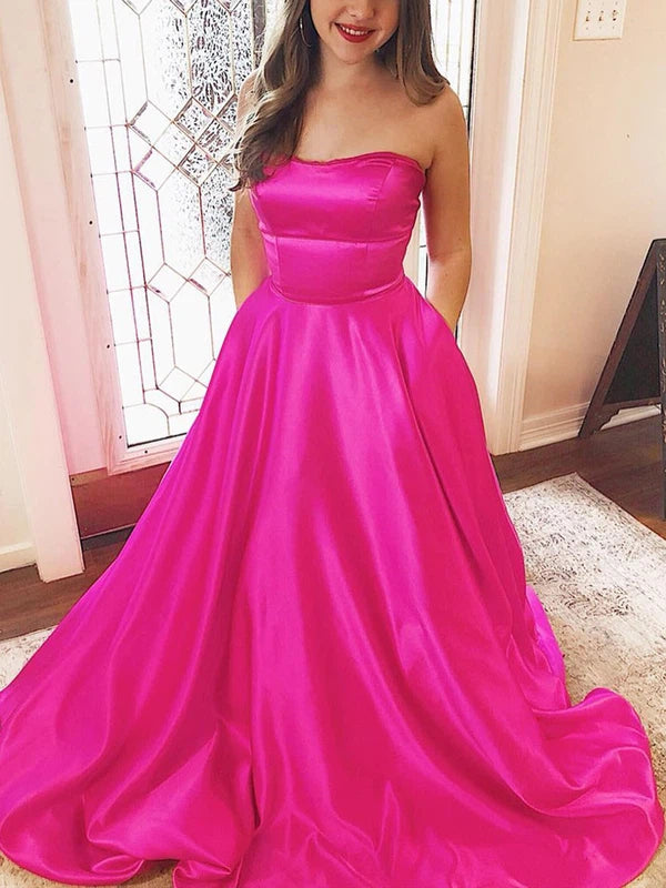 Princess Floor-length Straight Satin Pockets Prom Dresses