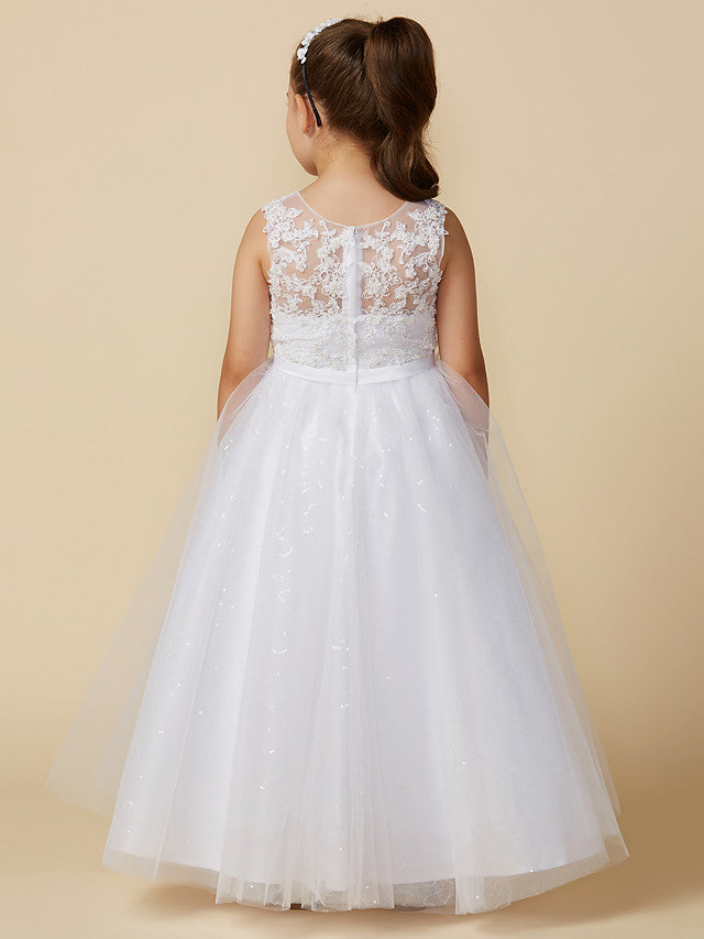 Princess Flower Girl Dresses Ankle Length Lace Tulle Boat Neck First Communion Dresses-27dress