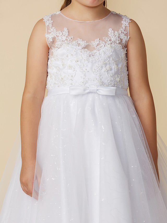 Princess Flower Girl Dresses Ankle Length Lace Tulle Boat Neck First Communion Dresses-27dress