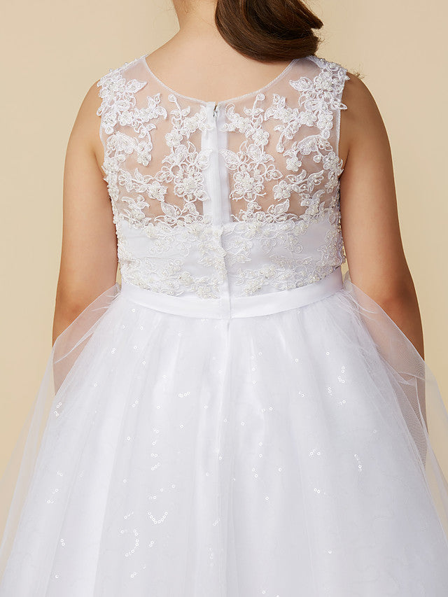 Princess Flower Girl Dresses Ankle Length Lace Tulle Boat Neck First Communion Dresses-27dress