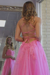 Princess Hot Pink Appliqued Prom Dress with Slit