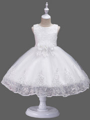 Princess Lace Tulle Sleeveless Jewel Neck Wedding Birthday Flower Girl Dresses-27dress