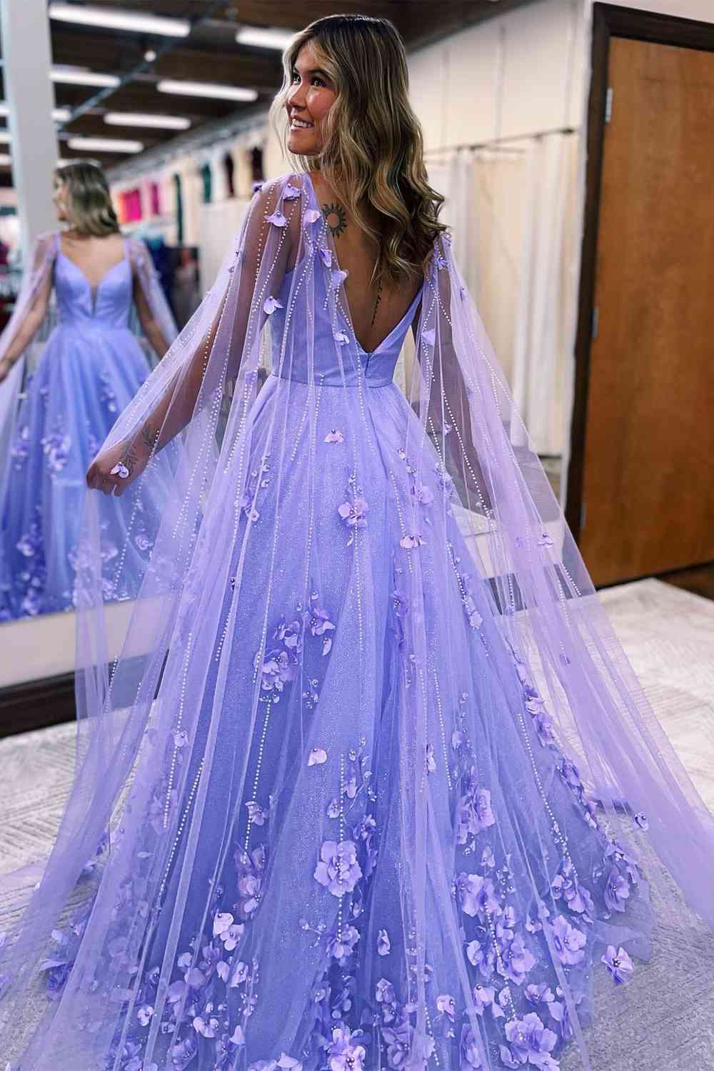 Princess Lavender 3D Flowers Tulle Formal Dress with Cape