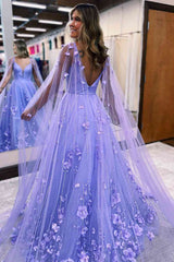 Princess Lavender 3D Flowers Tulle Formal Dress with Cape