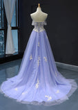 Princess Off-the-Shoulder Sweep Train Tulle Satin Prom Dress with Applique-27dress