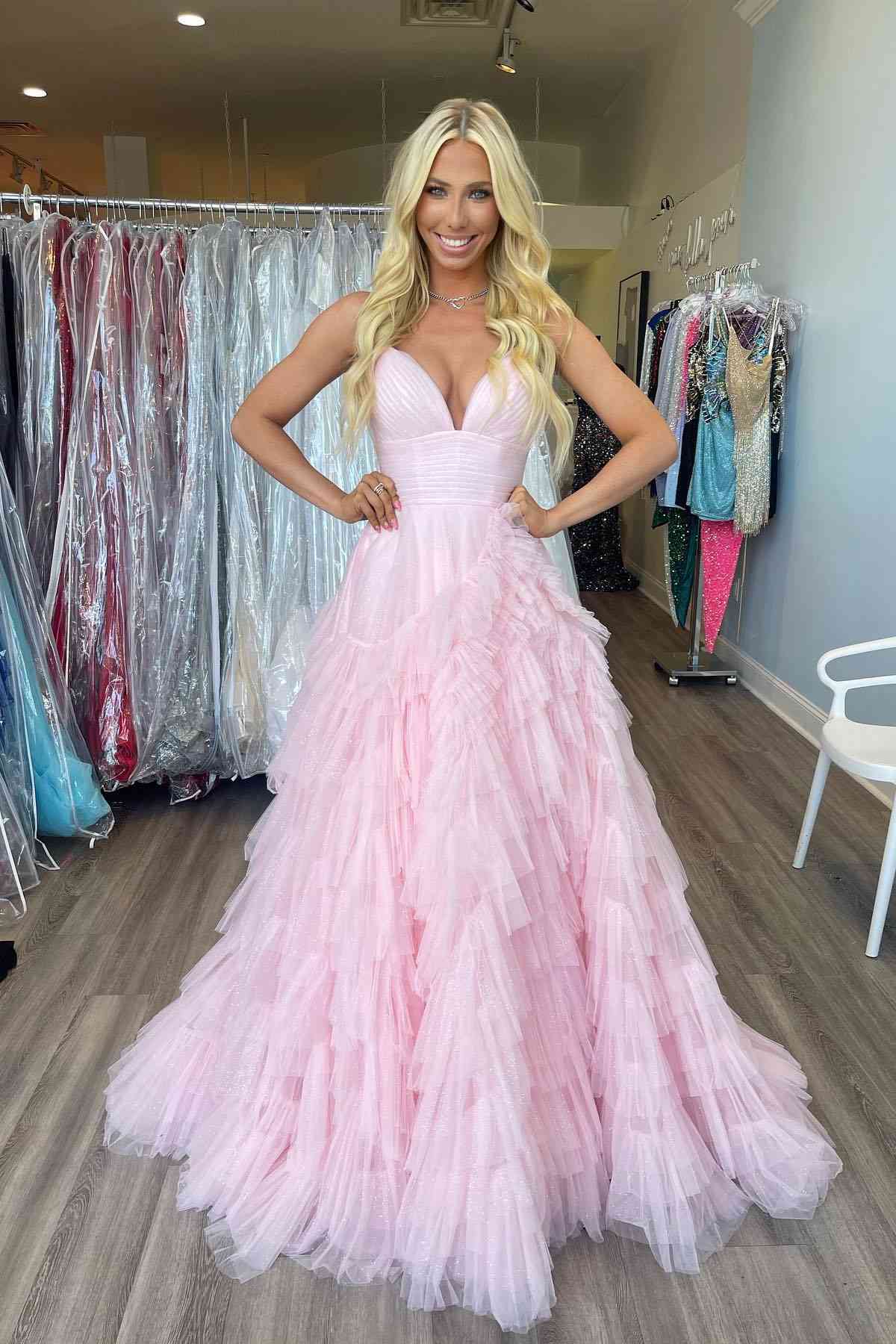 Princess Pink Strappy Frill-Layered A-Line Long Prom Dress