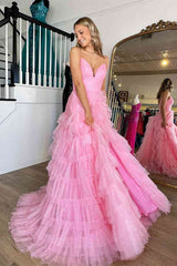 Princess Pink Strappy Frill-Layered A-Line Long Prom Dress