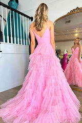 Princess Pink Strappy Frill-Layered A-Line Long Prom Dress