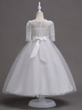 Princess Satin Tulle Jewel Neck Wedding First Communion Flower Girl Dresses with Sleeves-27dress