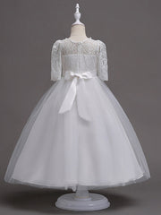 Princess Satin Tulle Jewel Neck Wedding First Communion Flower Girl Dresses with Sleeves-27dress