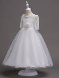 Princess Satin Tulle Jewel Neck Wedding First Communion Flower Girl Dresses with Sleeves-27dress