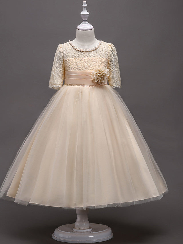 Princess Satin Tulle Jewel Neck Wedding First Communion Flower Girl Dresses with Sleeves-27dress