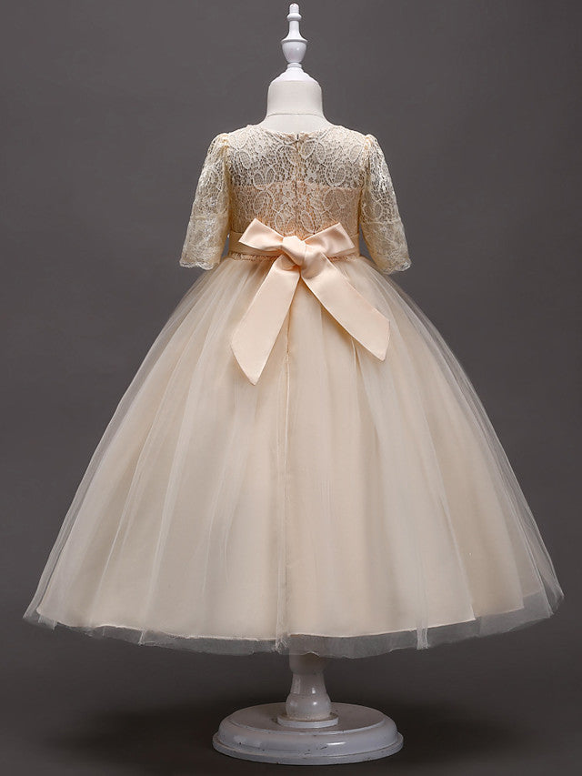 Princess Satin Tulle Jewel Neck Wedding First Communion Flower Girl Dresses with Sleeves-27dress