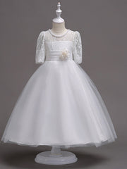 Princess Satin Tulle Jewel Neck Wedding First Communion Flower Girl Dresses with Sleeves-27dress