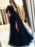 Princess Scoop Neck Tulle Prom Dress with Split Front and Sweep Train