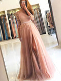 Princess Scoop Neck Tulle Prom Dress with Split Front and Sweep Train