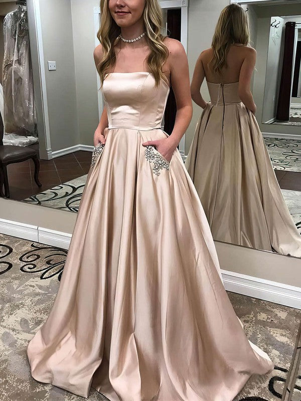 Princess Strapless Satin Floor-length Prom Dress with Beading