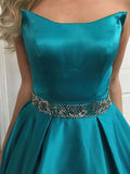 Princess Strapless Satin Prom Dress with Beading and Sweep Train