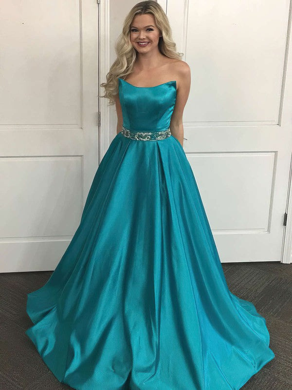 Princess Strapless Satin Prom Dress with Beading and Sweep Train